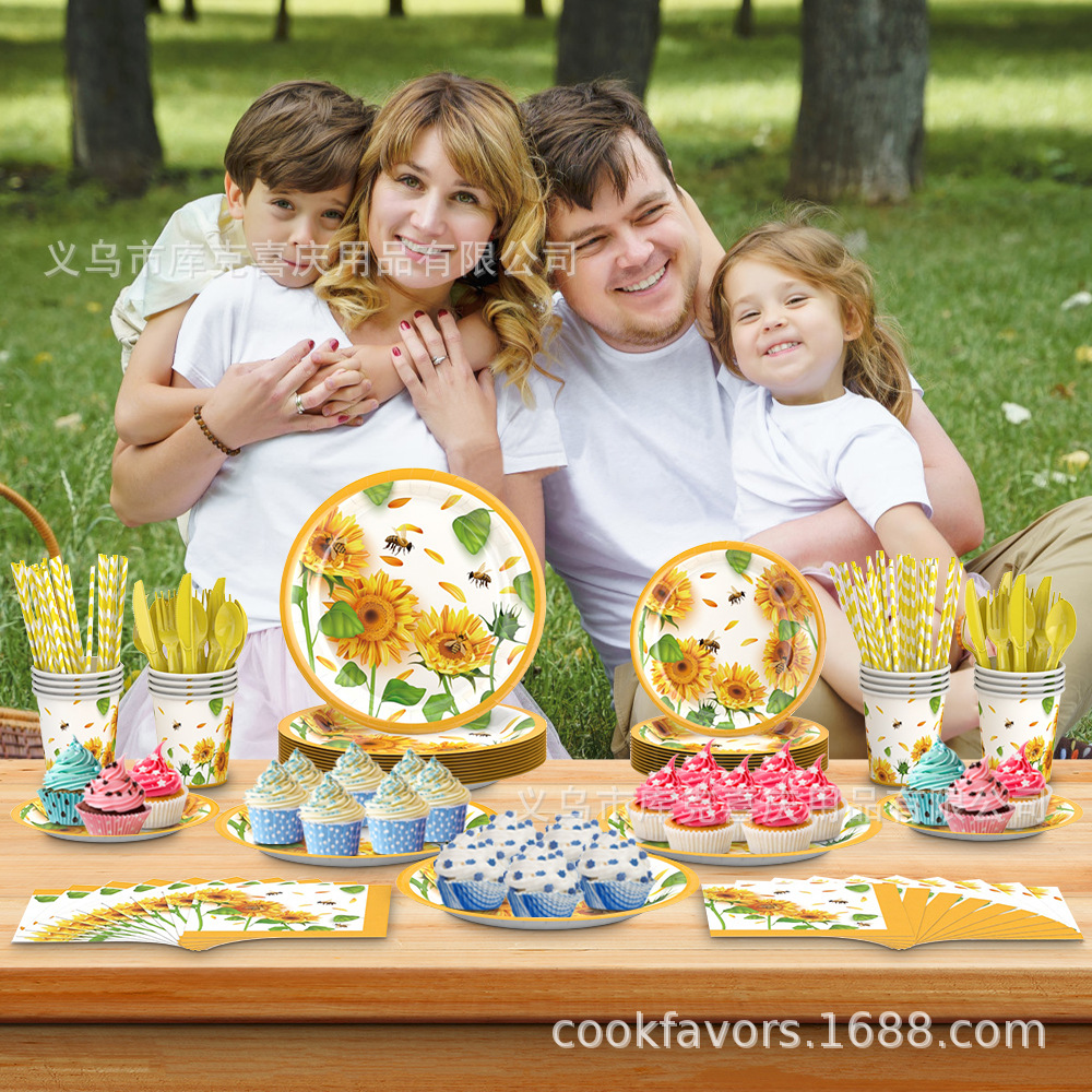 Nuevo juego de platos de fiesta con tema de girasol de acuarela, cumpleaños para niños, bandeja de papel desechable, taza de papel, vajilla de toallas de papel