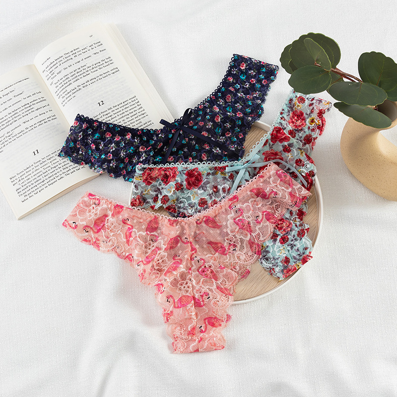 Printed Low Waist Thong Women's Sexy Lace-Trimmed T-Pants Lightweight Breathable Invisible Briefs Cross-Border Supply
