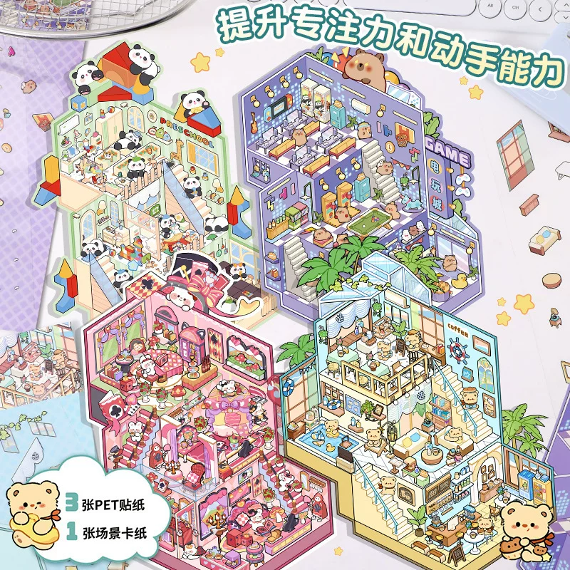 Cartoon big sticker, three dimensional small hut, in 3d format