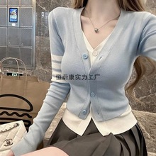 假两件针织上衣新款兔绒包芯纱假两件针织开衫女薄外套上衣