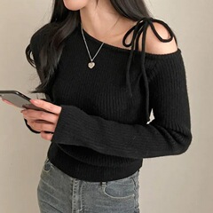 韩国chic秋冬小众复古不规则系带修身显瘦长袖针织毛衣女