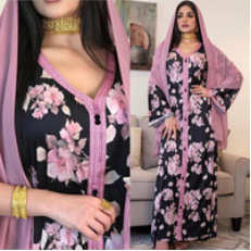 现货!跨境欧美风女装V领时尚中东印花长袍abaya粉色花朵连衣裙