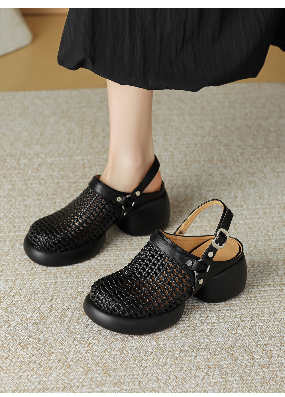 Sandal cao gót nữ mũi hở đế dày gót 6 cm phong cách dệt — đen chi tiết 6