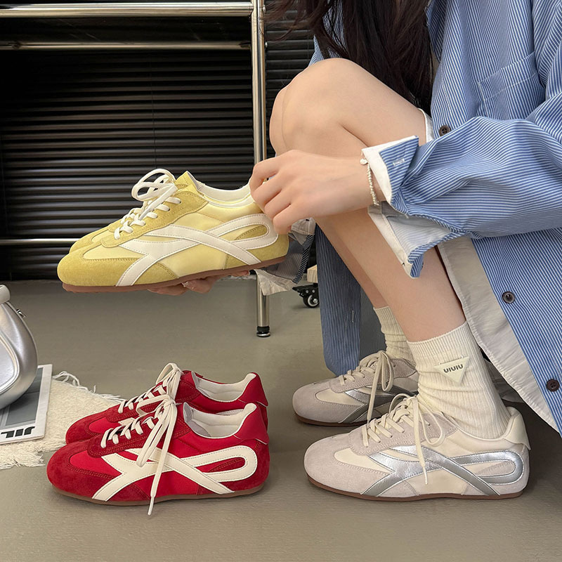 Genuine Leather Red Flat-Soled Agande Sneakers for Women, 2025 Autumn New Soft-Soled Sports Casual Lace-Up Versatile Sneakers