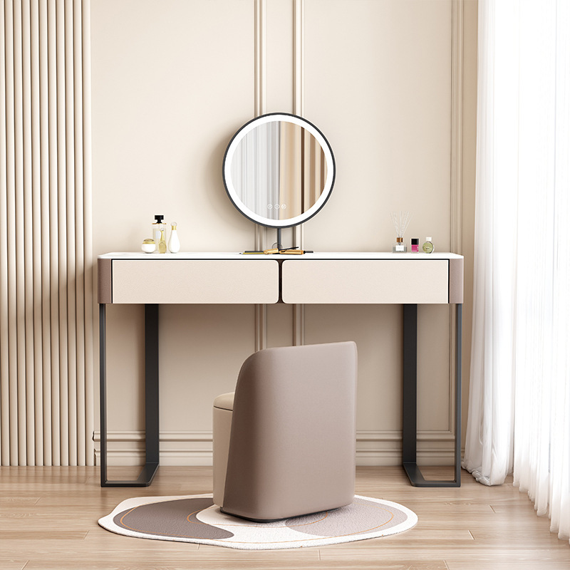 단단한 나무 드레싱 테이블 현대 간단한 침실 옆 메이크업 테이블 버킷 캐비닛 통합 빛 럭셔리 록 보드 메이크업 테이블 지능형 거울