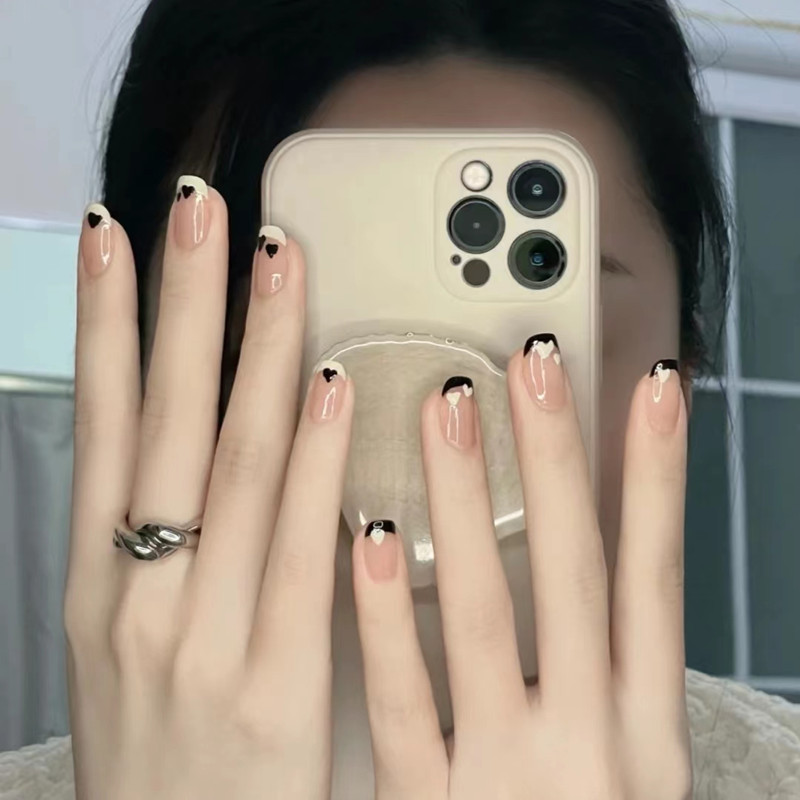 High-End Dark Color-Block Short Nails, Mandarin Duck French Manicure, Suitable for Commuting and Daily Wear, Brightening Effect, Detachable Finished Product High-End Dark Color-Block Short Nails, Mandarin Duck French Manicure, Suitable for Commuting and Daily Wear, Brightening Effect, Detachable Finished Product