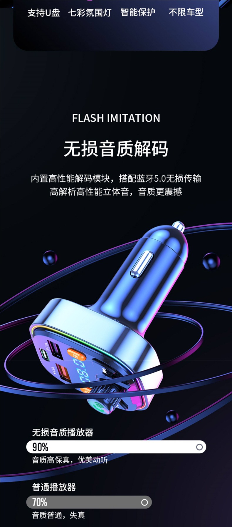 Car Bluetooth Receiver Q5.0 Lossless Sound Quality Multifunctional with Music USB Drive MP3 Player Charger Fast Charging