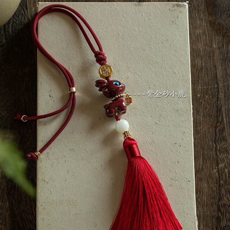 硃砂平安小鹿紅砂汽車掛件高檔流蘇汽車吊墜內飾低含量平安禮物飾