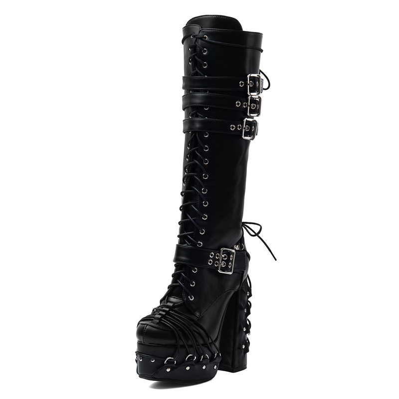 European and American Foreign Trade Cross-Border Black Pu Strap Punk Gothic Thick High Heels Large Size 44 Women's High Knee Boots Boots European and American Foreign Trade Cross-Border Black Pu Strap Punk Gothic Thick High Heels Large Size 44 Women's High Knee Boots Boots