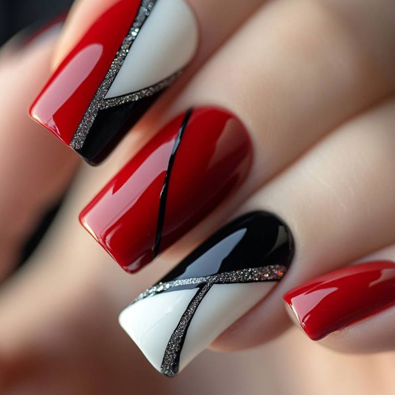 Wear Square Red Asymmetrical Glitter Lines Black and White Stitching Removable Fake Nails Manicure Patch Nail Wear Square Red Asymmetrical Glitter Lines Black and White Stitching Removable Fake Nails Manicure Patch Nail
