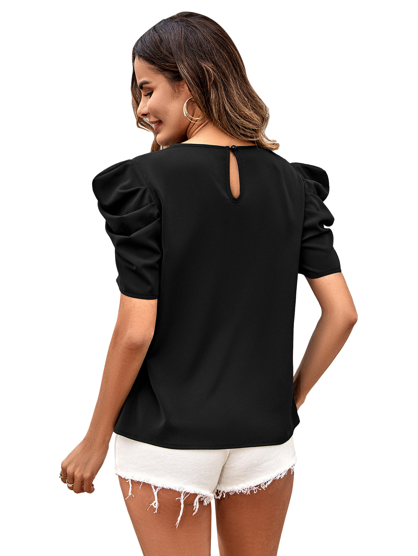 Mode Einfarbig Polyester V-ausschnitt Kurzarm Puff Ärmel T-shirt display picture 2