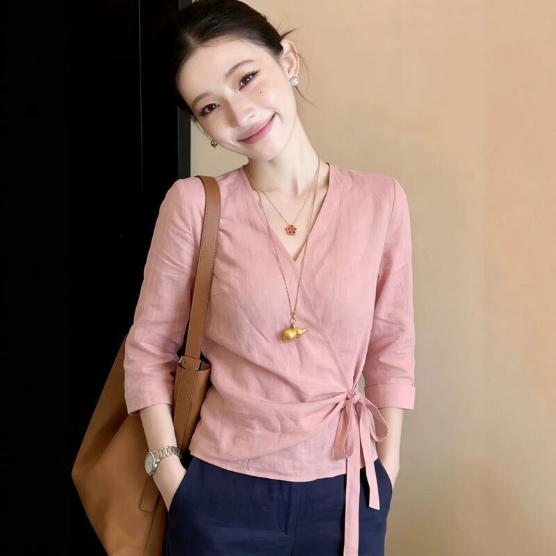 Pre-Sale Pink Cotton-Linen Three-Quarter Sleeve Shirt for Women, 2026 New Summer Style, Very Stylish French Chic Shirt