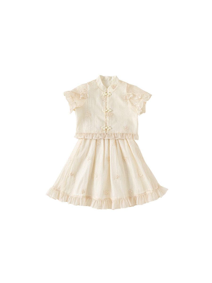 Bangchoan ropa infantil set de estilo nacional de verano, camiseta de hebilla, media falda, niñas dos sets de ropa de estilo antiguo para niños