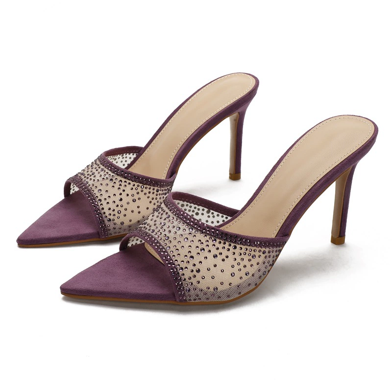 Туфли- Mule на летний pointed-toe на высоком каблуке, стразовая сетка, подошва PU, каблуки 7 / 8,5 см (размеры 34–42)