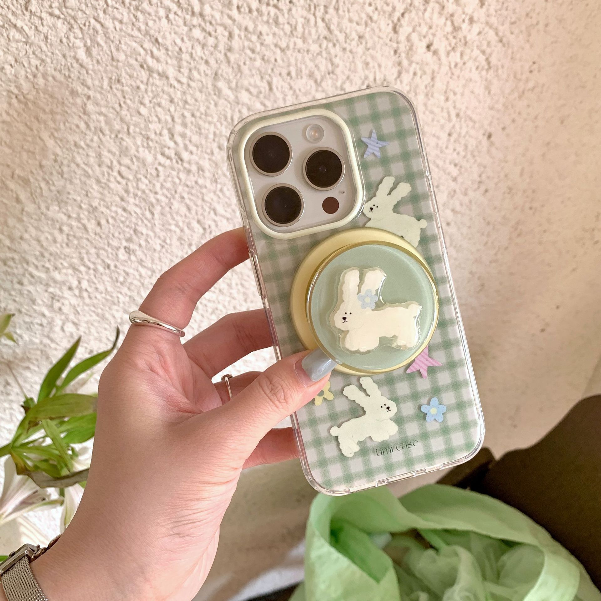 Conejo de costura de cuadros verde coreano para Apple 16Pro funda para teléfono móvil 15ProMax magnético 14 nuevo 16PM