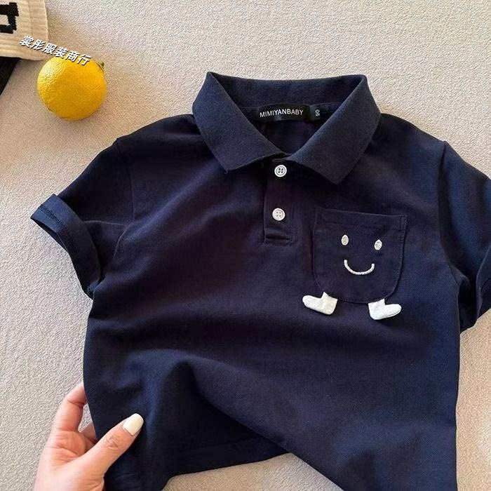 New summer cartoon-style stylish boys' and girls' children's clothing, baby 3D pocket embroidered collar short-sleeved T-shirt polo shirt