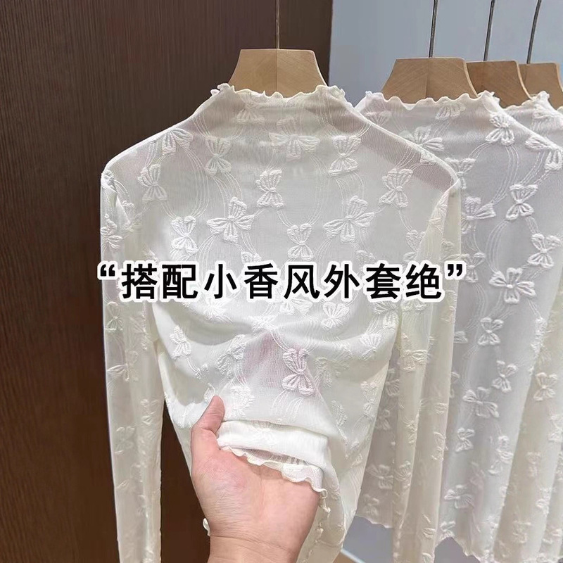 [Big Factory] Half Turtleneck Mesh Top with Ear Lace Bottoming Shirt for Women in Autumn and Winter, Thin Inner Layering Shirt