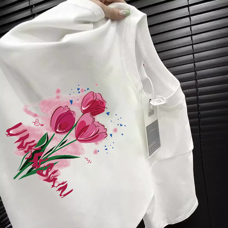 Hot Style Flower Short-sleeved T-shirt Women's Summer Korean Style Shoulder Niche New Half-sleeved T-shirt Base-shirt Printed Top