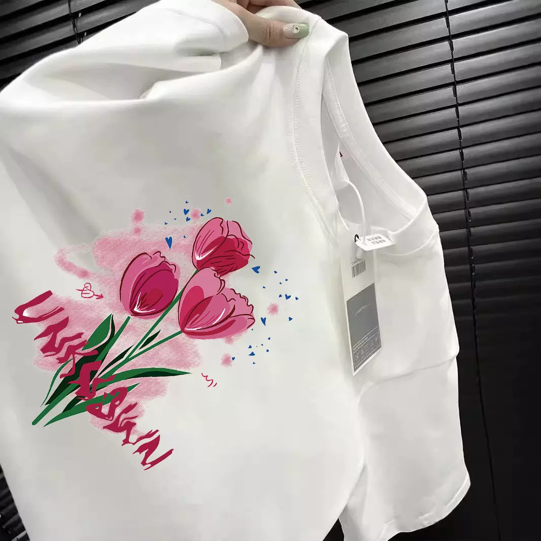 爆款花花短袖t恤女夏季韩版正肩小众新款半袖体恤打底衫印花上衣