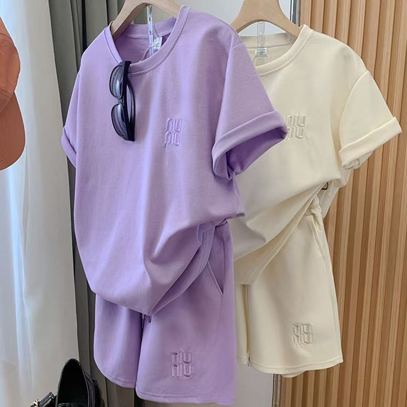Foreign Trade 2025 New Embroidered Summer Casual Suit Women's Sports Outer Wear Versatile Slimming Shorts Short-Sleeved Two-Piece Set