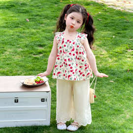 女童夏季套装2025新款儿童洋气甜美女宝宝时尚夏装薄款樱桃两件套