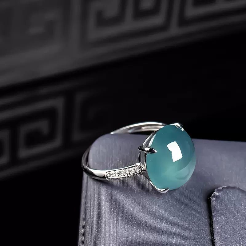 Anello da donna in giada blu antico placcato in calcedonio tipo ghiaccio con argento S, molto venduto_voghion.com