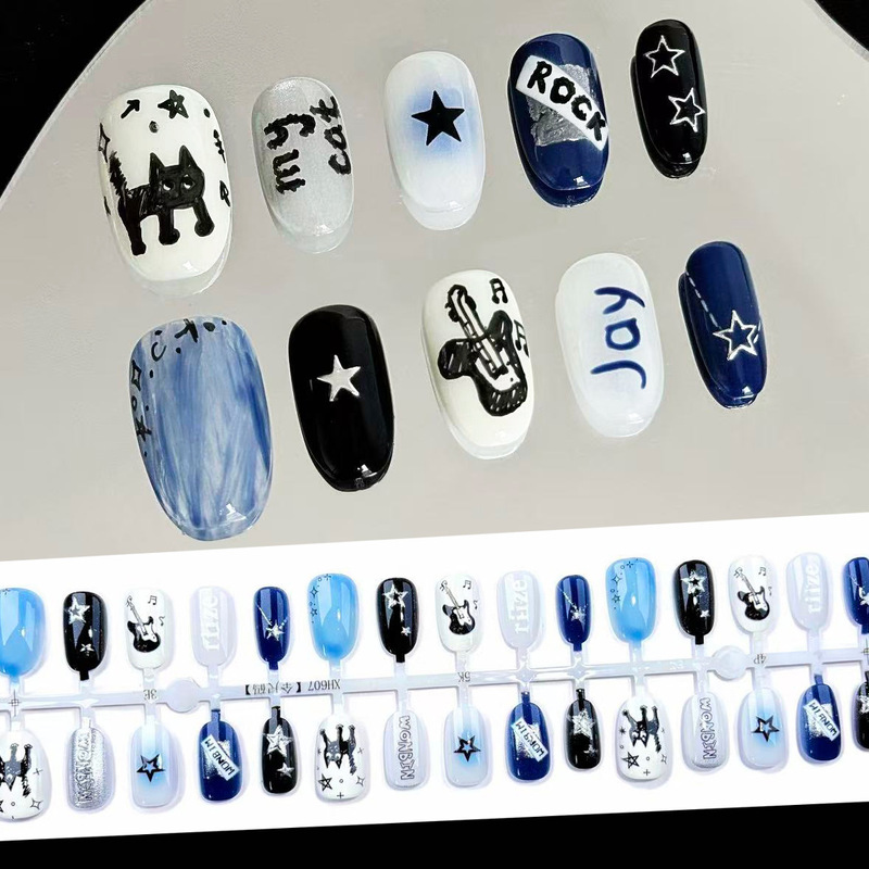 Rock and Roll Kitten Sweet Cool Ins-Style Wearable Short Oval Cute Blue Series Nail Stickers Y2K Millennium Hot Girl Rock and Roll Kitten Sweet Cool Ins-Style Wearable Short Oval Cute Blue Series Nail Stickers Y2K Millennium Hot Girl