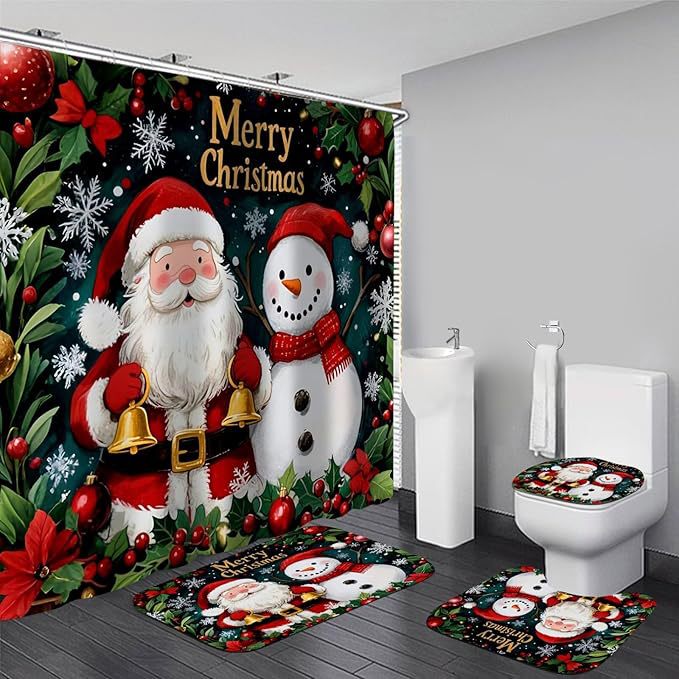 Foreign Trade Cute Cartoon Santa Claus Snowman Warehouse Print Shower Curtain Four-Piece Set Bathroom Mat Polyester Waterproof Shower Curtain