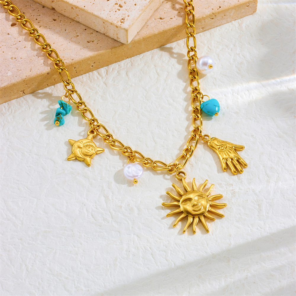 Wholesale Jewelry Retro Classic Style Sun Heart Shape Flower 304 Stainless Steel Plating Pendant Necklace Cable Chain display picture 16