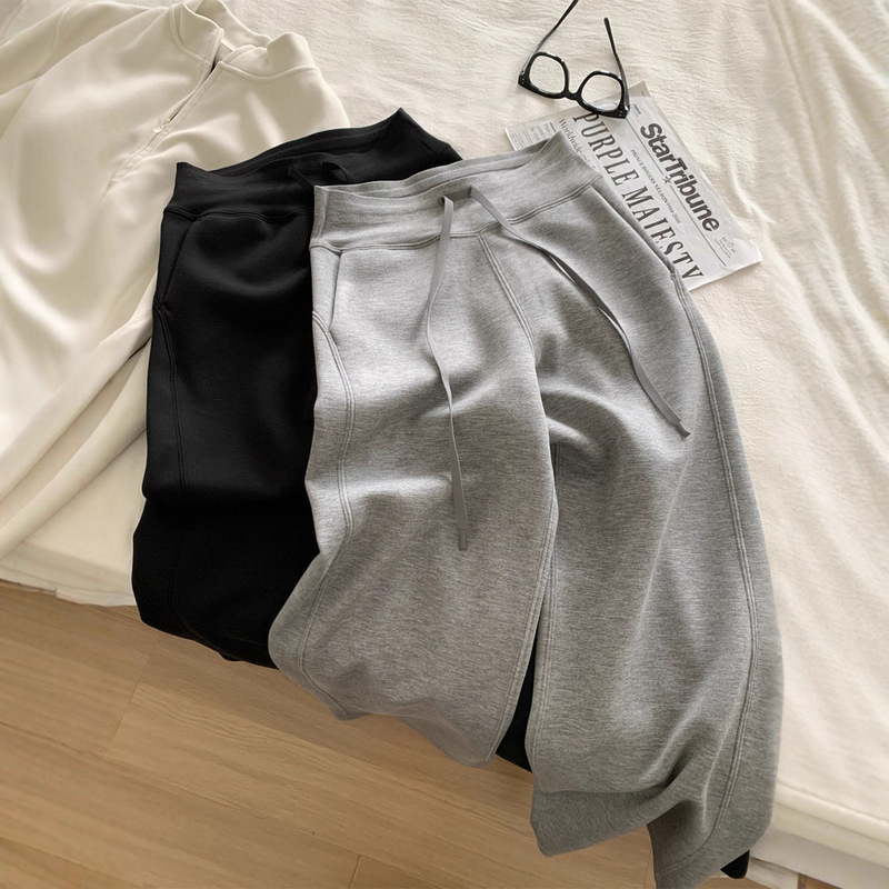 Lu Series Cloud Sand Walking Fleece-Lined Pants for Women, Seamless Cut, High-Waisted Drawstring Wide-Leg Pants, Winter Korean Style Straight Casual Pants
