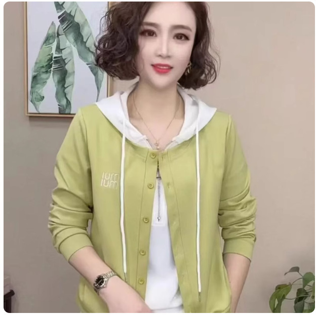 啄木鸟春秋时尚女假两件连帽卫衣女士洋气休闲妈妈装长袖开衫上衣|undefined