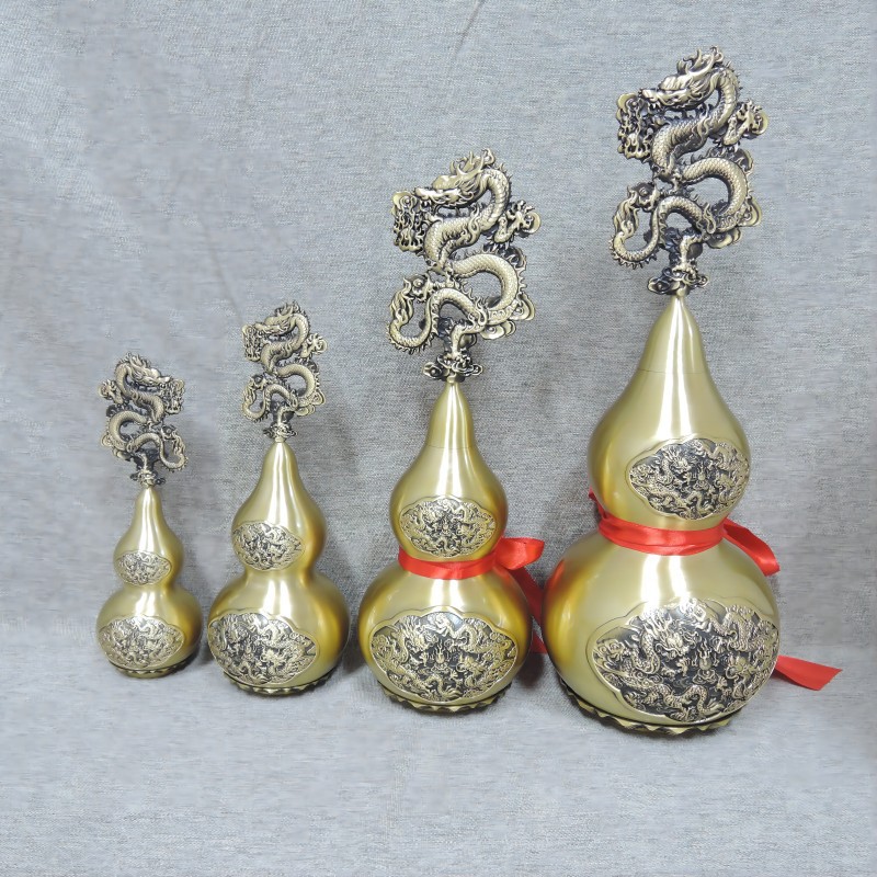 宏达 全黄铜九龙铜葫芦家居玄关开口葫芦铜器礼品摆件