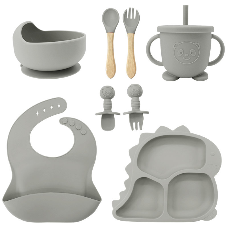Fábrica al por mayor cubiertos para bebés babecera de silicona platos de comida suplementarios dinosaurios niños comidas set de entrenamiento