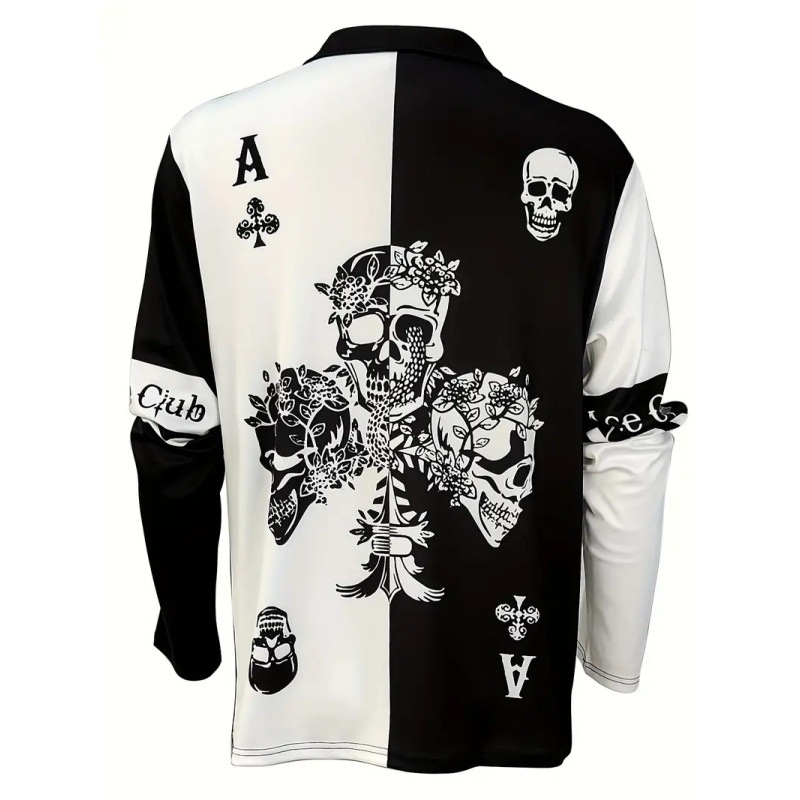 Personalidad blanco y negro a juego de color cráneo estampado 3D hombres calle principal ancho de hombro suelto transpirable solapa cremallera camisa POLO