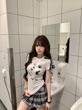 2025夏季新款辣妹风圆领正肩设计感卡通印花减龄短袖T恤上衣女ins