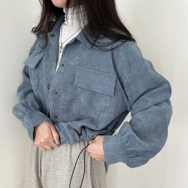 Korean Style Spring and Autumn New Retro Simple Lasel Short Drawstring Long Sleeve Shirt Top Corduroy Loose Coat Women