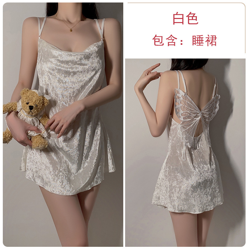 瑰若甜美蝴蝶露背睡衣纯欲惹火深V荡领丝绒睡裙外袍家居套装4887|undefined