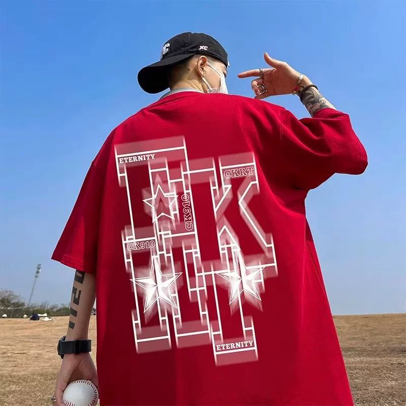 Американская тяжелая футболка с короткими рукавами для мужчин летом oversize градиент прилива высокого размера