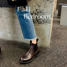 真皮版水洗牛皮做旧切尔西靴秋冬季复古马丁靴女粗跟瘦瘦靴子短靴