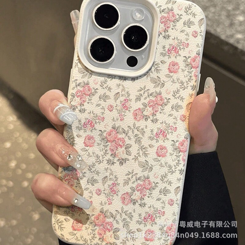 Crushed Flower Rose Suitable for Apple 17Promax Mobile Phone Case 16 Imitation Leather Texture 15 Cross-Border 14 Girl 13 Cross-Border 12