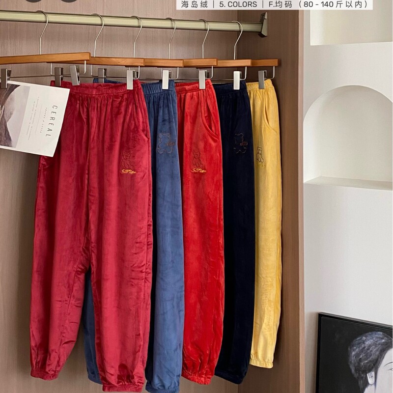 Silk Satin Island Velvet Warm Pants Autumn and Winter New Style Fleece-Lined and Thickeneded Simple Cartoon Bear with Double Flap Pocket Pantss Home Pajamas