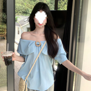 Off-Shoulder Short-Sleeve Shirt for Women, Summer 2025 New Age-Reducing Fashion Versatile Loose Solid Color Top Trendy