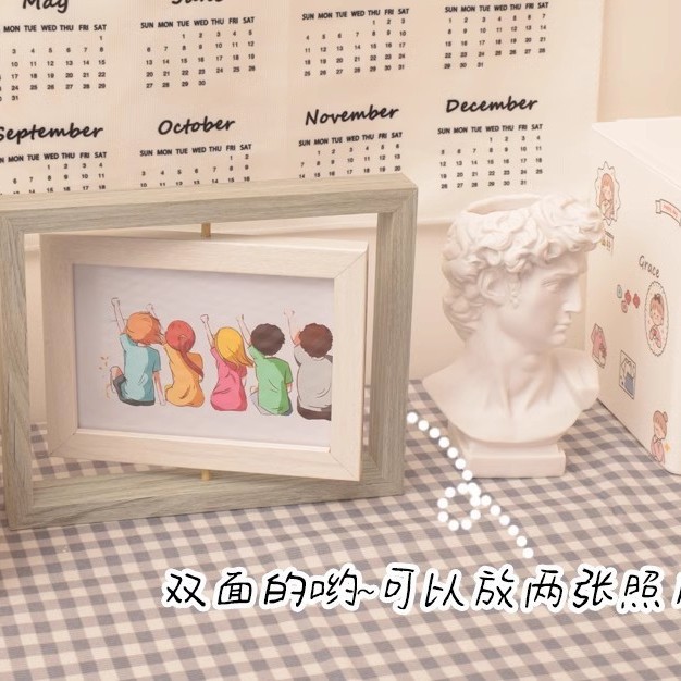 创意北欧画框摆台旋转木质画框6寸7寸双面办公桌宝宝周岁展示相框