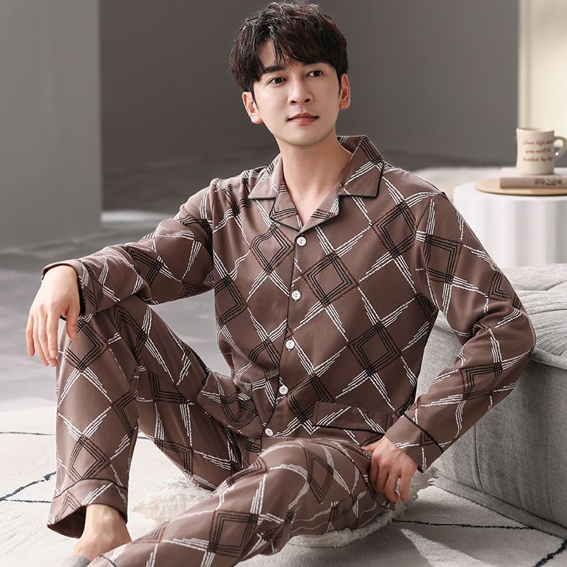 Cardigan pijamas de los hombres 100% algodón primavera y otoño se pueden usar fuera traje de manga larga invierno papá joven y de mediana edad ropa para el hogar