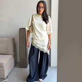 跨境t恤女蕾丝拼接上衣短袖设计感欧美夏季蕾丝上衣秋内搭T恤