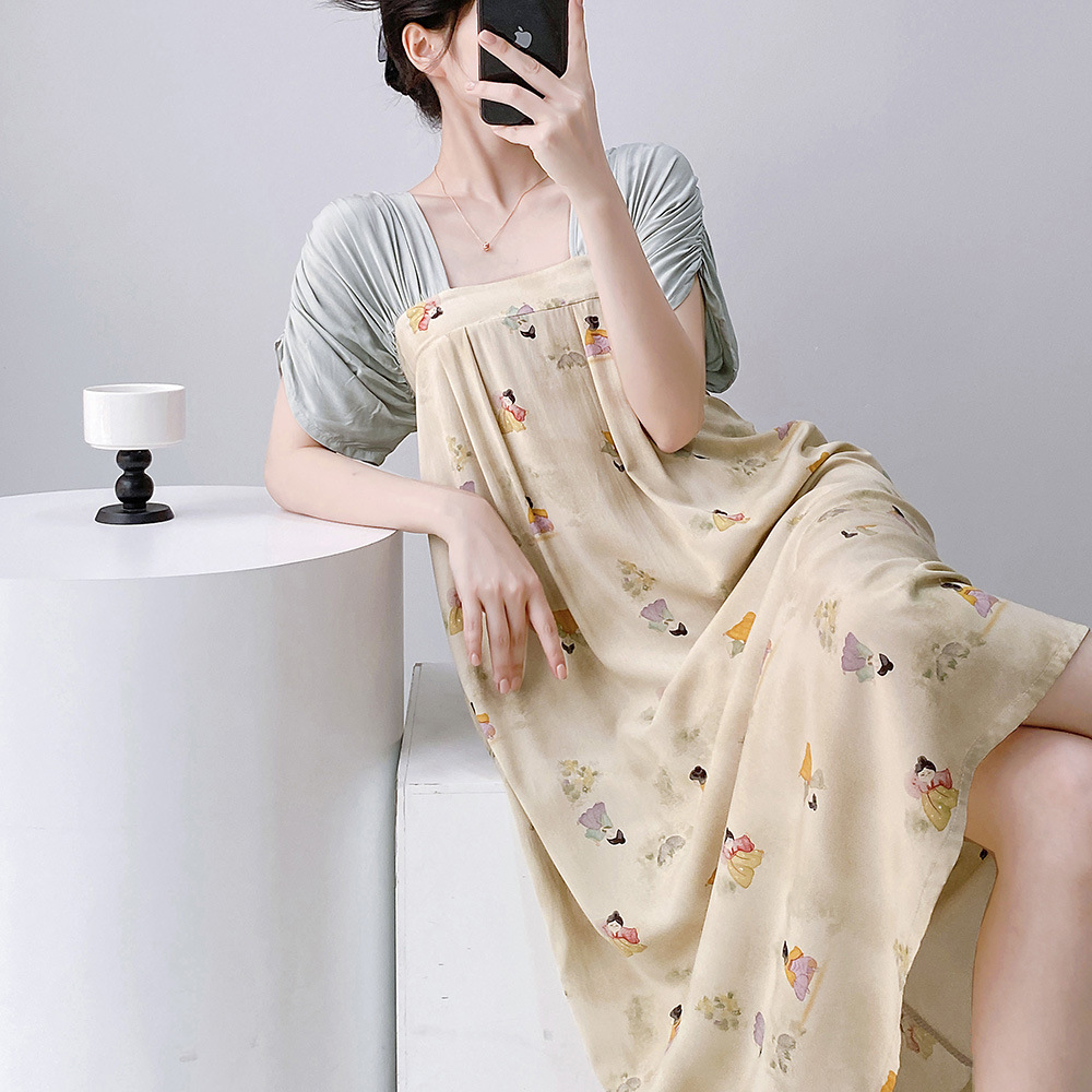 新中式清新气质改良汉服棉绸睡裙女夏季宽松国风甜美居家连衣长裙