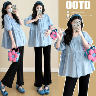 2025 Quality Maternity Dress Spring and Summer New Short Sleeve Hollow Doll Shirt Fashion Trendy Mom Pregnant Women Top