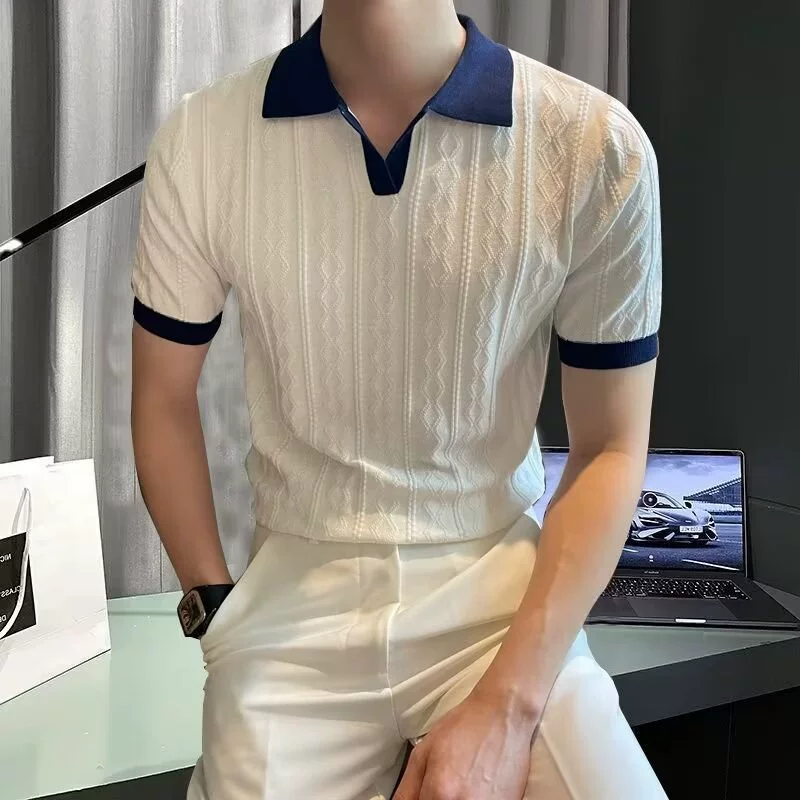 Летняя модная мужская рубашка-поло с цветными блоками, отложным воротником, эластичной жаккардовой текстурой, облегающим трикотажем с короткими рукавами, модная доставка.