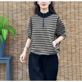 妈妈装条纹拉链立领宽松蝙蝠衫时尚女春季长袖T恤减龄百搭女卫衣