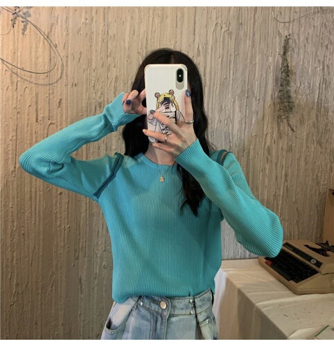 Designer Style Niche Cleavage Revealing Spring and Autumn  New Arrival Base Layer Crewneck Long Sleeve Knit Top Women's Innerwear Top